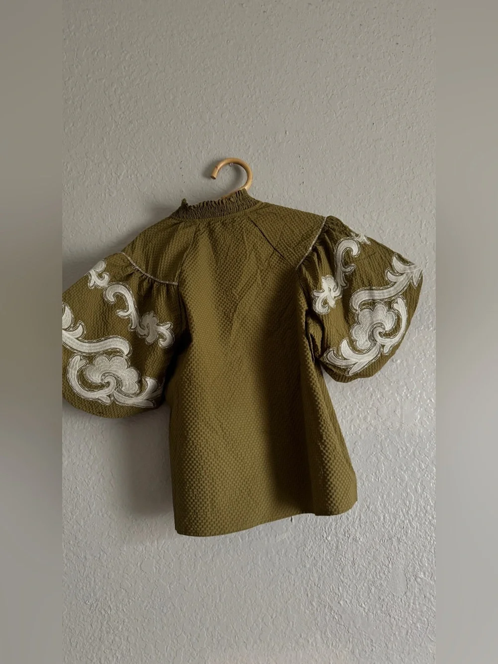 THML Olive Green Puff Sleeve Embroidered Blouse with Cream Applique - Picture 3 of 3
